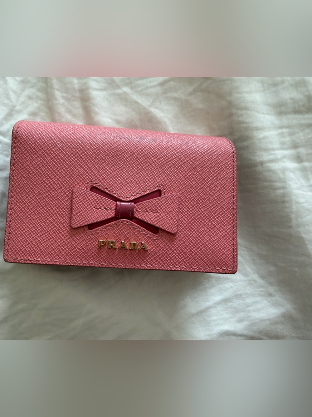 Prada Rose Pink Saffiano Leather Bow Compact Wallet
